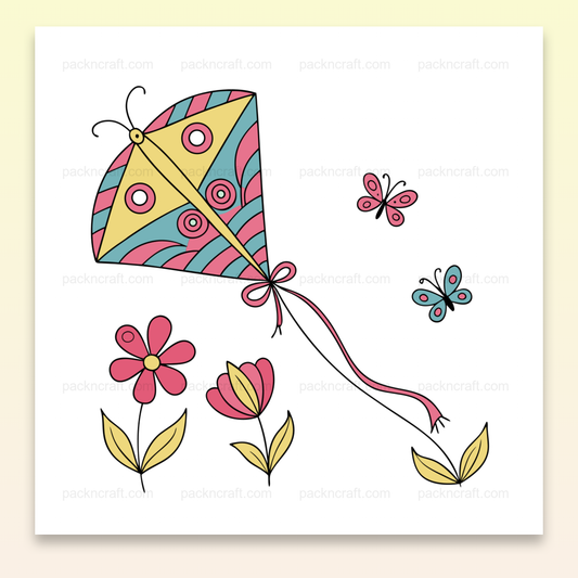 Cerf-volant joyeux et papillons colorés, illustration printanière en PNG