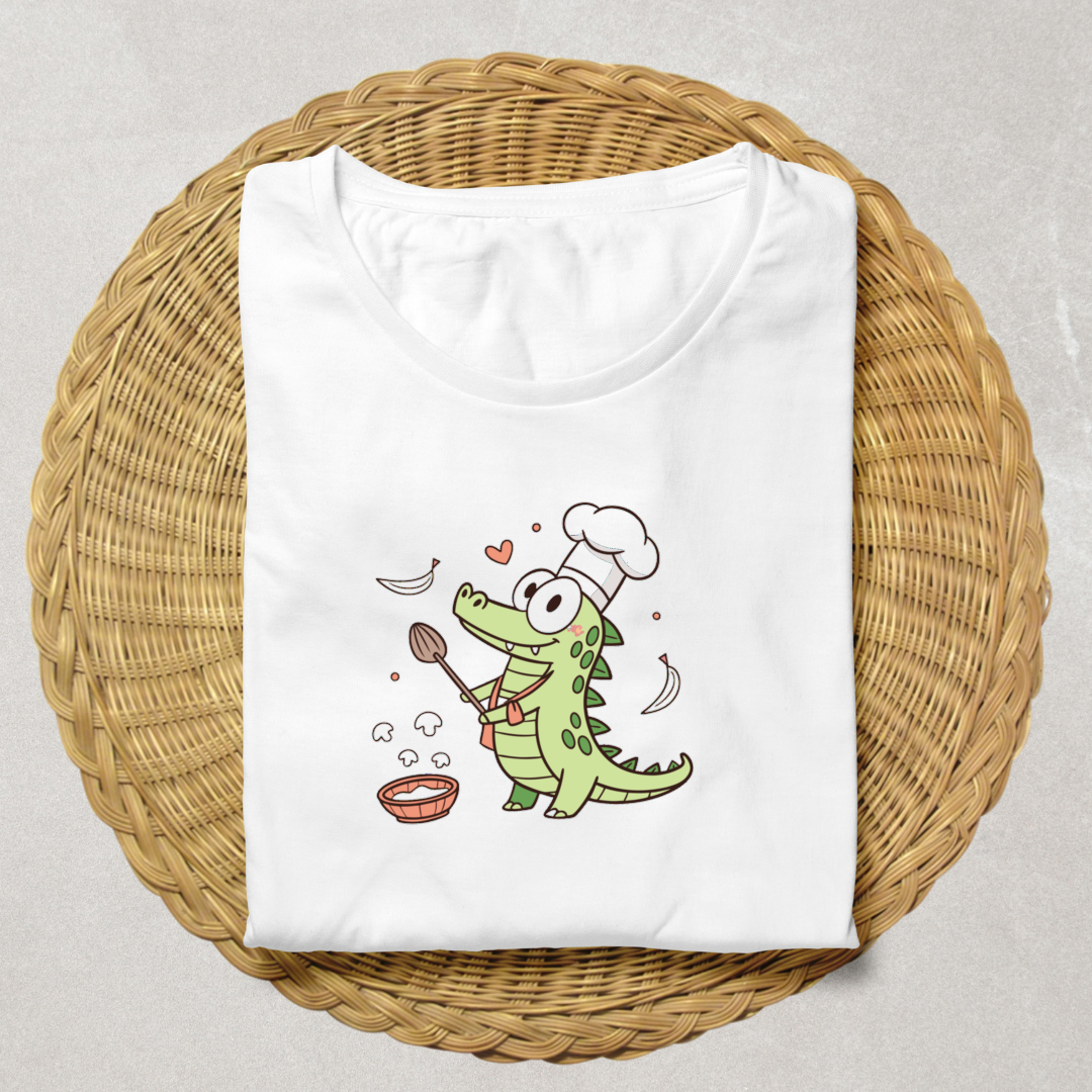 T-shirt avec crocodile joyeux en chef cuisine, design amusant et coloré