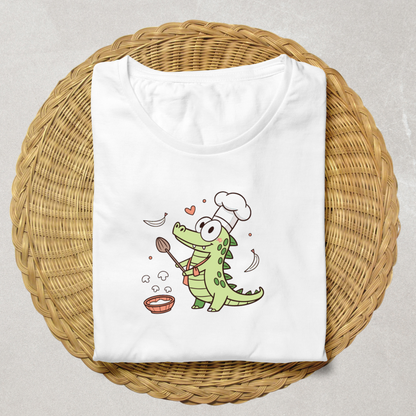 T-shirt avec crocodile joyeux en chef cuisine, design amusant et coloré