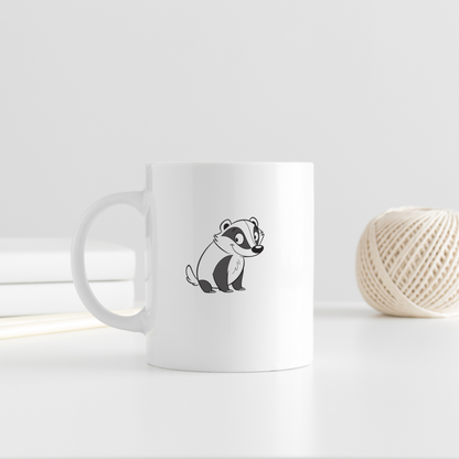 Mug décoré d'un blaireau souriant style cartoon, ambiance forêt charmante