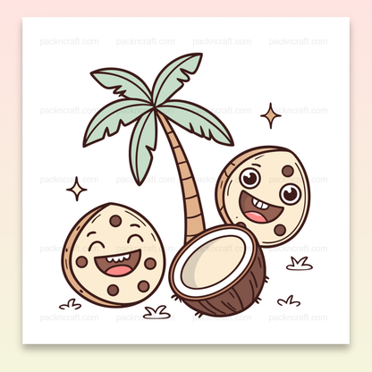 Illustration de noix de coco rieuses style cartoon pour projets DIY et éducatifs.