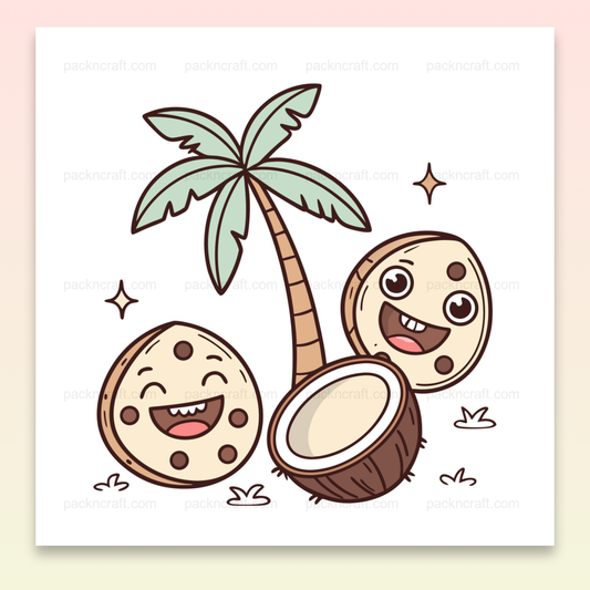 Illustration de noix de coco rieuses style cartoon pour projets DIY et éducatifs.