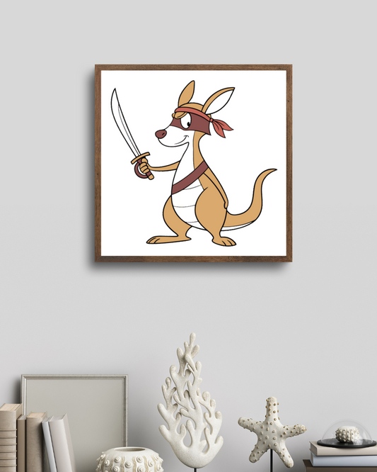 Cadre avec kangourou guerrier cartoon, idéal pour ajout décoratif aventure animale