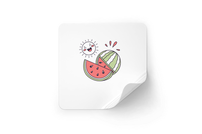 Sticker estival avec soleil joyeux et pastèque, design dynamique et lumineux
