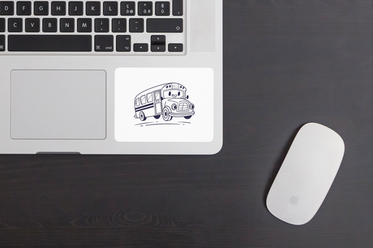 Sticker amusant avec autobus joyeux en déplacement dans un style cartoon coloré