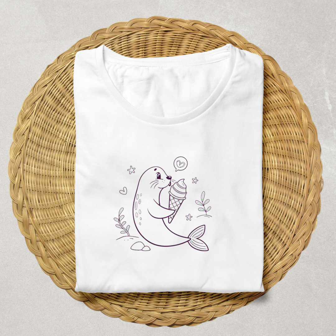 T-shirt kawaii avec phoque gourmand et cornet style marin pour un look amusant