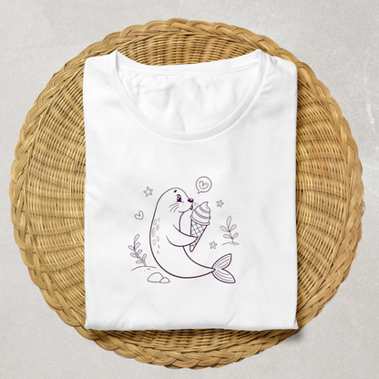 T-shirt kawaii avec phoque gourmand et cornet style marin pour un look amusant