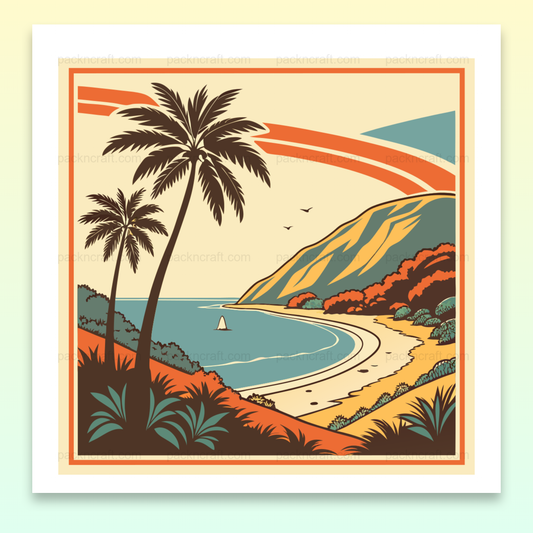 Affiche vintage de plage avec palmiers et horizon marin