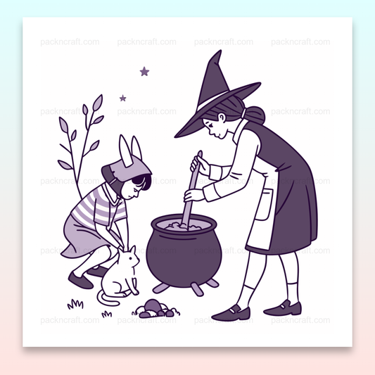 Image de sorcière et enfant en costume avec chaudron pour Halloween, parfait pour projets DIY et papeterie festive.