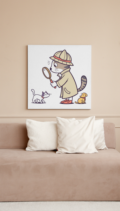 Cadre décoratif avec un chat kawaii en détective dans un style mignon et mystérieux