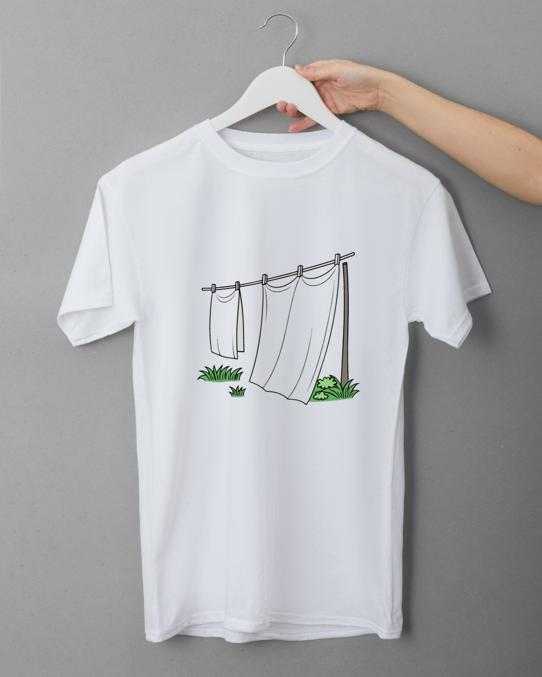 T-shirt jardin zen avec icône minimaliste représentant du linge suspendu dans le vent