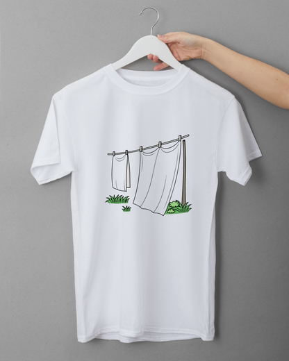 T-shirt jardin zen avec icône minimaliste représentant du linge suspendu dans le vent