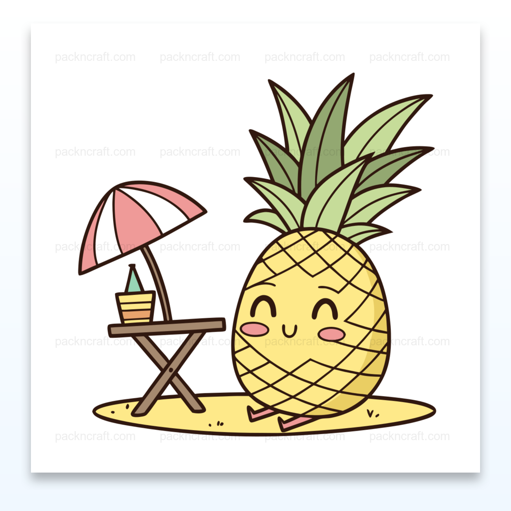 Illustration kawaii d'un ananas relaxant sous un parasol, idéale pour projets estivaux.