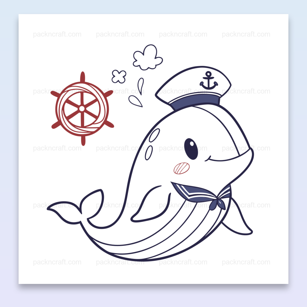 Illustration de baleine capitaine en doodle marin, idéale pour DIY et déco.