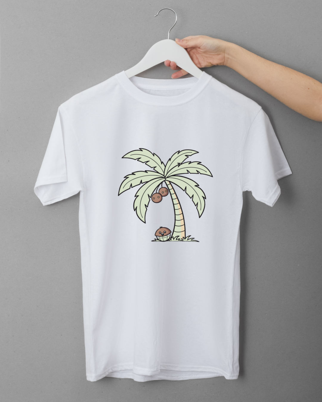 T-shirt tropical avec cocotier rieur stylisé en doodle vectoriel