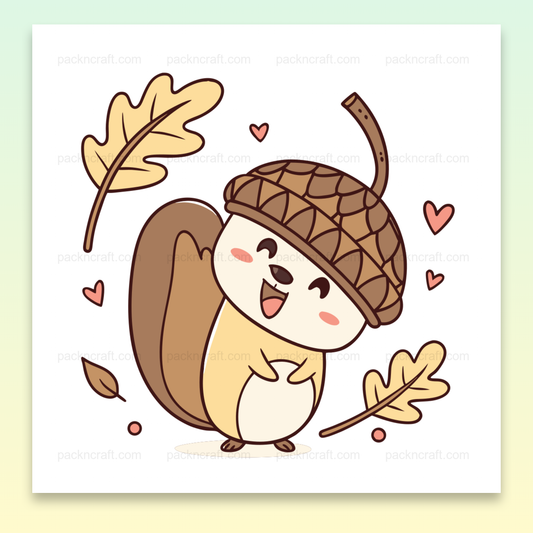 Illustration d'un écureuil joyeux avec un chapeau de gland pour projets d'automne, usage DIY, déco.