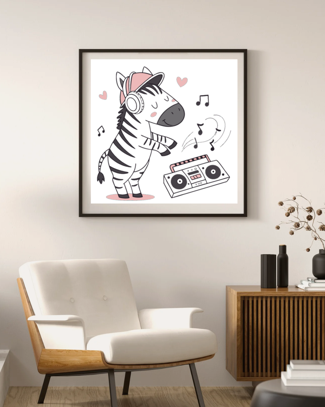 Cadre design animé avec zèbre dansant en casque style cartoon musical