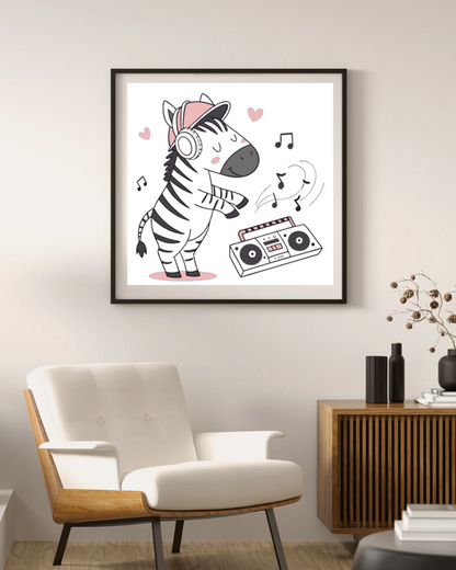 Cadre design animé avec zèbre dansant en casque style cartoon musical