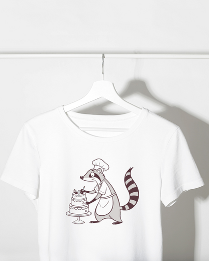 T-shirt avec raton laveur doodle joyeux cuisinant une pâtisserie kreative