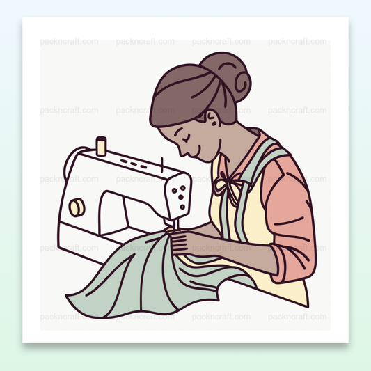 Illustration de couturière concentrée, idéale pour la décoration et le DIY., Motif de couture imprimé sur une tasse pour une inspiration créative., Design unique encadré pour un intérieur élégant et artisanal., Visuel de couturière sur un t-shirt, parfaite pour l'artisan moderne., Autocollant de couturière pour personnaliser votre espace créatif.