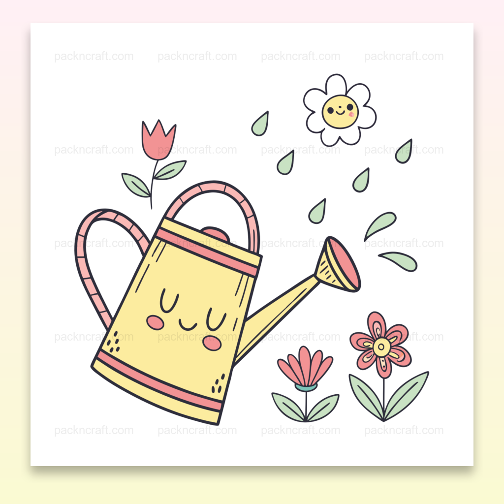Illustration vectorielle d'un arrosoir joyeux entouré de fleurs, usage DIY et décoratif