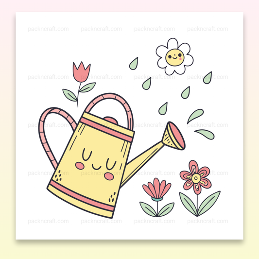 Illustration vectorielle d'un arrosoir joyeux entouré de fleurs, usage DIY et décoratif