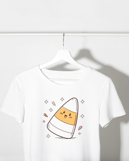 T-shirt drôle avec motif kawaii d'Halloween représentant un bonbon maïs joyeux
