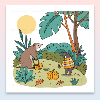 Ours partageur et loutre dans une scène automnale, illustration vectorielle pour DIY.