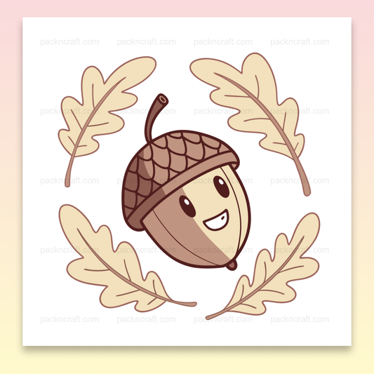 Illustration joyeuse d'un gland entouré de feuilles, idéal pour déco automnale.