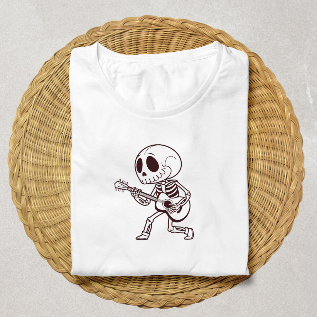 T-shirt cool avec squelette jouant de la guitare style doodle pour Halloween