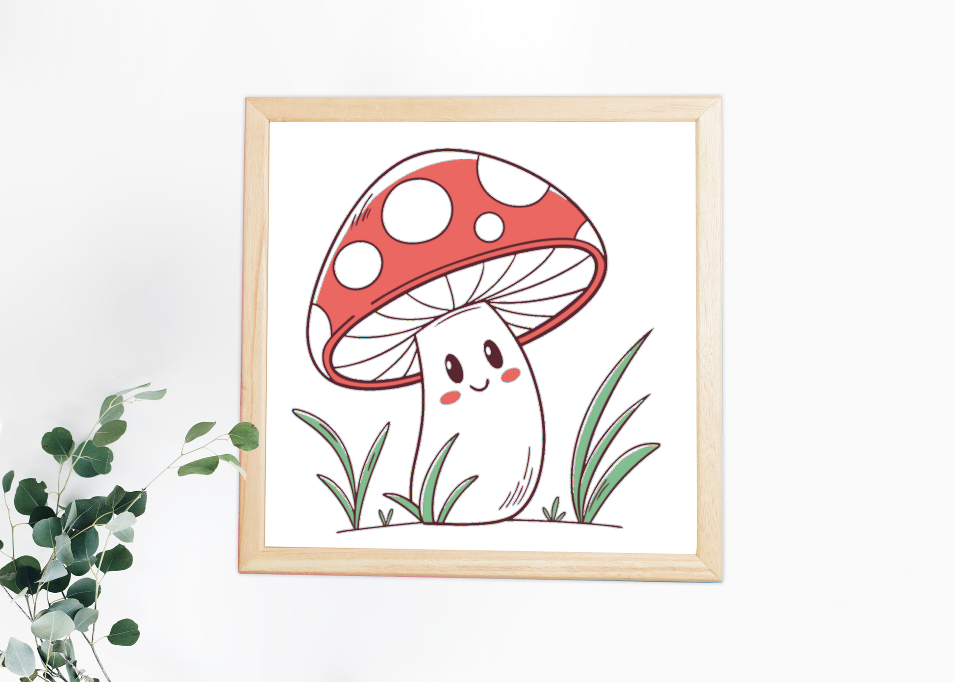 Cadre avec un champignon souriant adorable en doodle numérique, style ludique