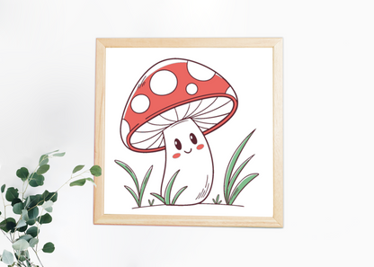 Cadre avec un champignon souriant adorable en doodle numérique, style ludique