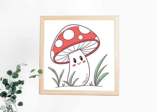 Cadre avec un champignon souriant adorable en doodle numérique, style ludique