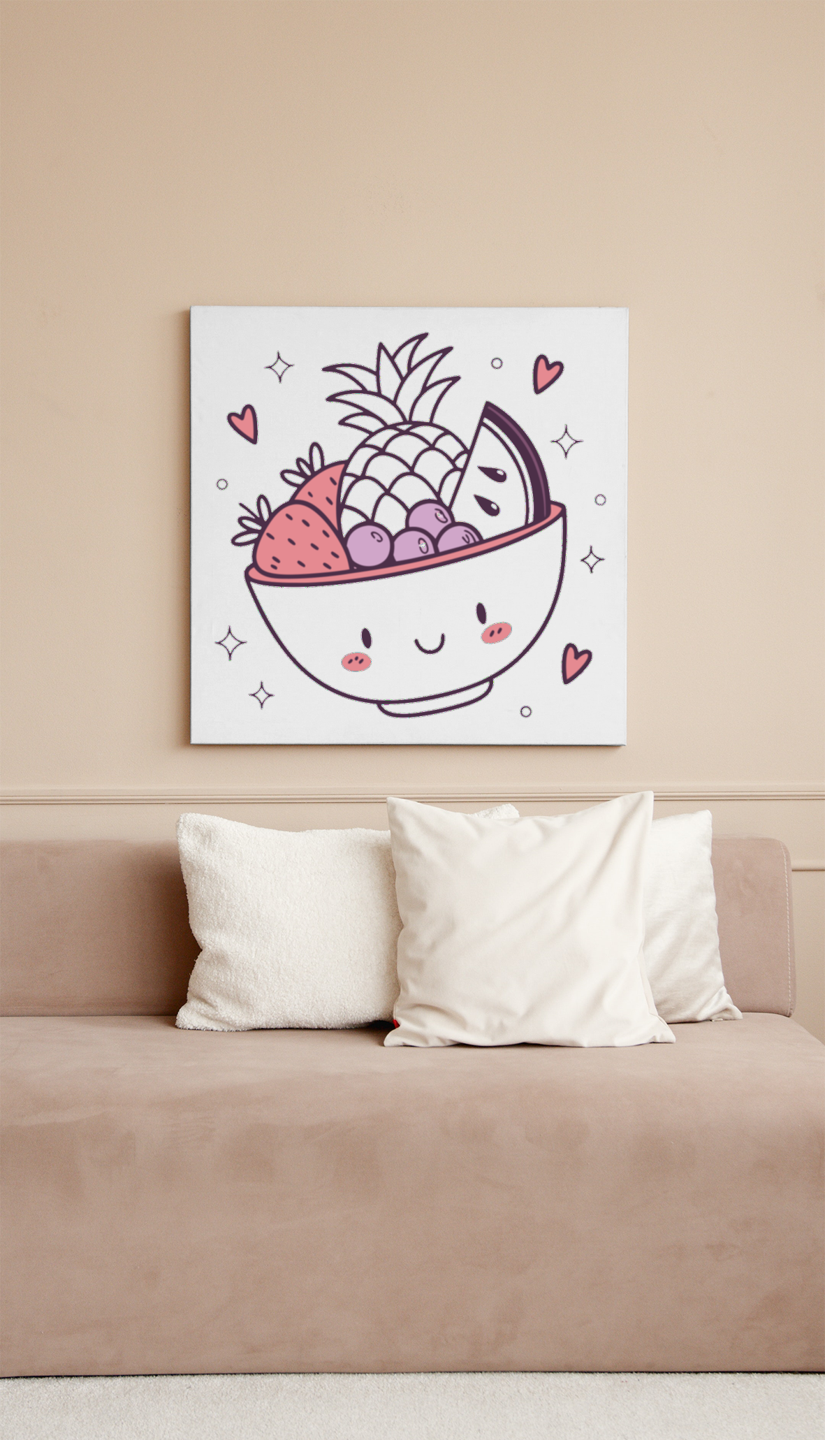 Cadre décoratif avec des fruits souriants en style pastel et ambiance joyeuse