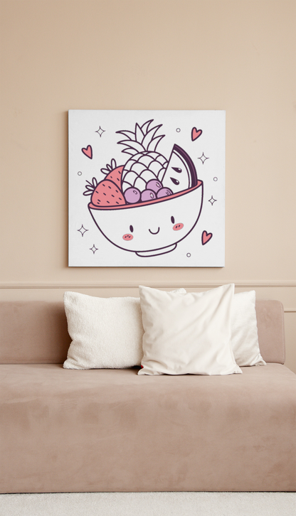 Cadre décoratif avec des fruits souriants en style pastel et ambiance joyeuse