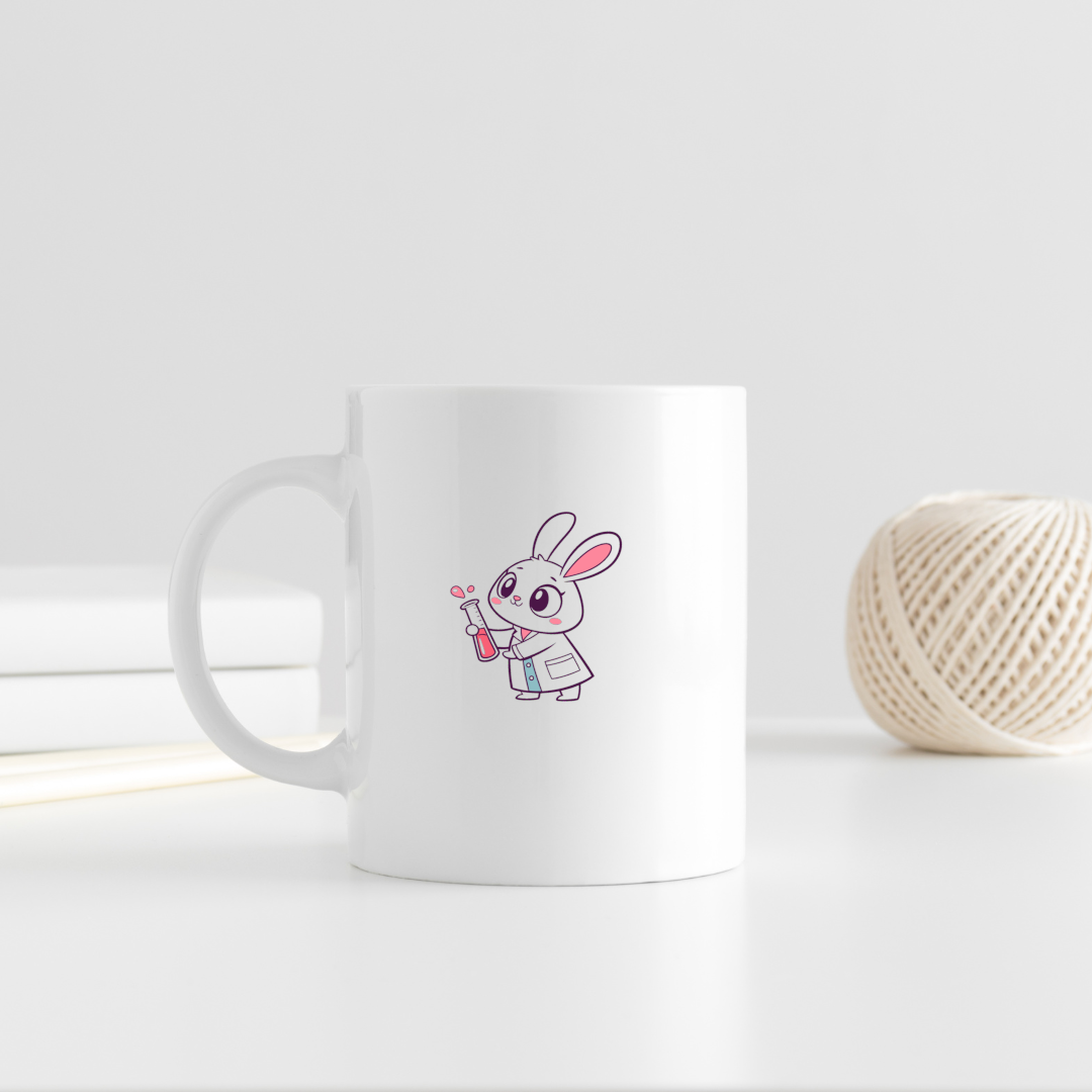 Mug avec dessin cartoon d'un lapin scientifique, style éducatif et curieux