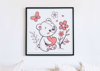 Cadre décoratif avec un teddy kawaii et des motifs de printemps