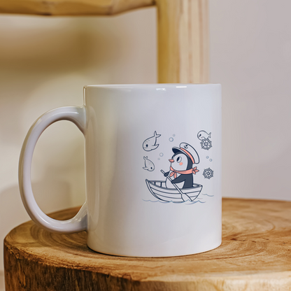 Mug avec un pingouin cartoon joyeux sur fond marin