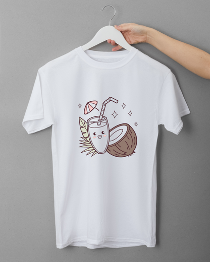 T-shirt tropical avec verre joyeux et cocotiers en style kawaii vibrant et amusant