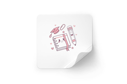 Sticker au style kawaii avec bloc-notes joyeux et crayon festif école colorée