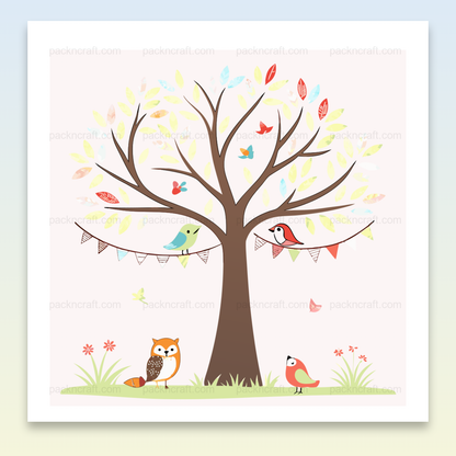 Oiseaux joyeux dans un arbre en style SVG pastel pour déco et projets créatifs.