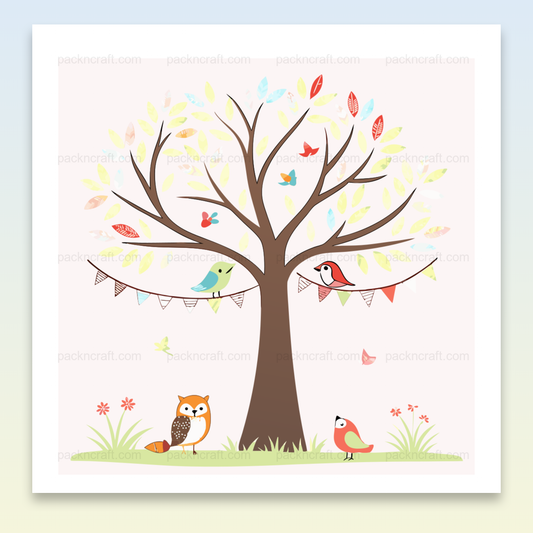 Oiseaux joyeux dans un arbre en style SVG pastel pour déco et projets créatifs.