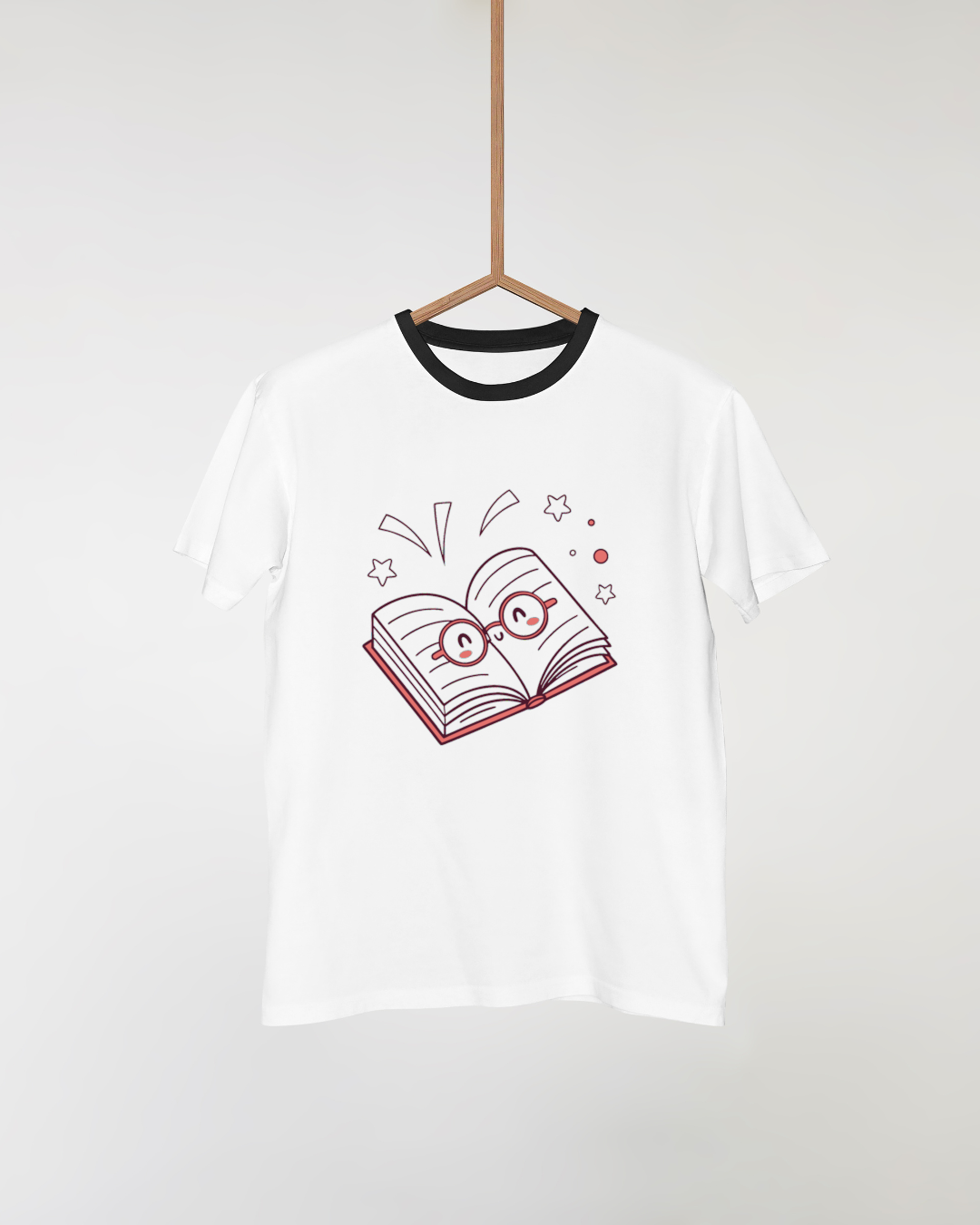 T-shirt avec icône kawaii livre joyeux lunettes parfait pour les fans de papeterie