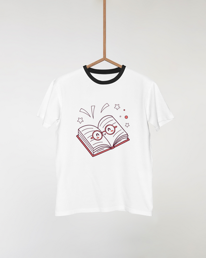 T-shirt avec icône kawaii livre joyeux lunettes parfait pour les fans de papeterie