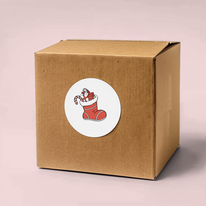 Sticker festif avec chaussette de Noël remplie de cadeaux, idéal pour la saison
