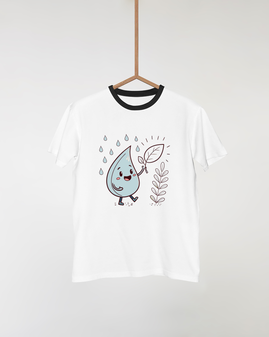 T-shirt minimaliste avec goutte d'eau joyeuse rétro sur fond naturel