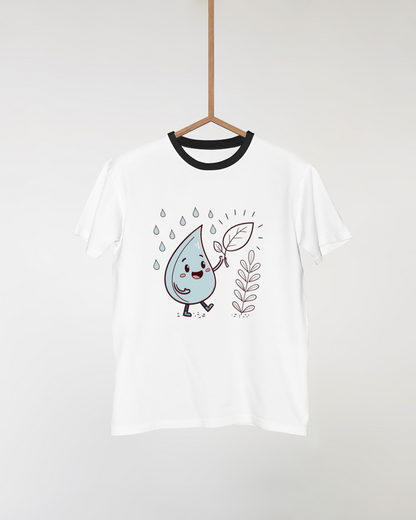 T-shirt minimaliste avec goutte d'eau joyeuse rétro sur fond naturel