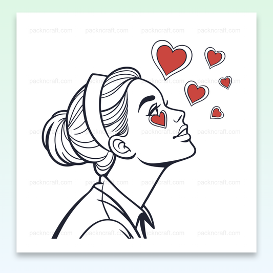 Illustration numérique d'une jeune femme avec des cœurs flottants, idéale pour projets créatifs.