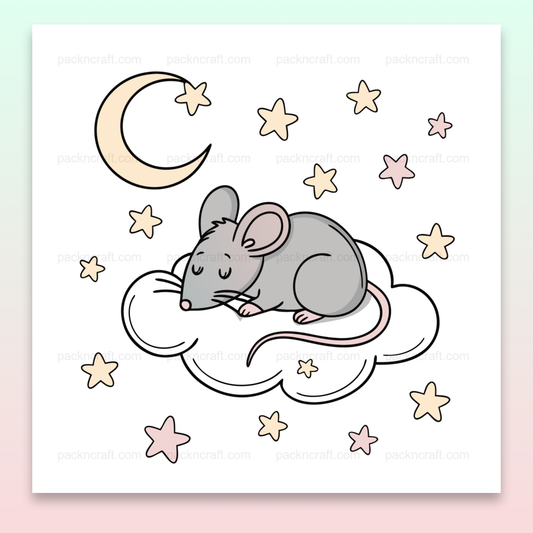 Illustration d'une souris endormie sur un nuage avec étoiles, idéale pour déco DIY.