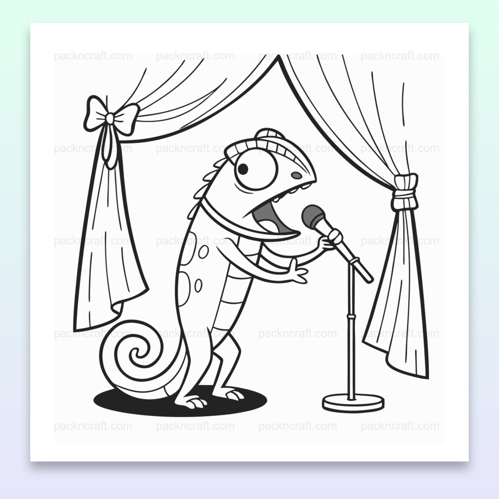 Illustration cartoon d'un caméléon chanteur sur scène pour projets créatifs et éducatifs.